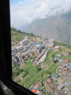 Looking over the hillside town of Dhunche. Some damage apparent